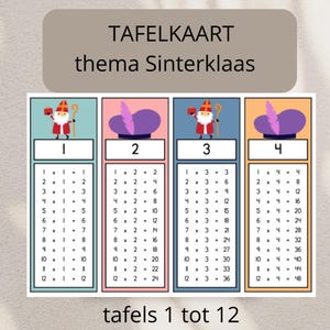 Op de afbeelding: Kleurrijke tafels van vermenigvuldiging kaarten met de nummers 1-4, met illustraties van Sinterklaas. Elke kaart toont vermenigvuldigingsfeiten van 1 tot 12. De tekst "TAFELKAART thema Sinterklaas" staat bovenaan.