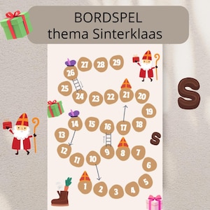Pode incluir: Um jogo de tabuleiro com o texto "BORDSPEL thema Sinterklaas". O tabuleiro apresenta espaços numerados, escadas, setas e ilustrações de Sinterklaas e caixas de presente. Uma letra "S" castanha também está presente.