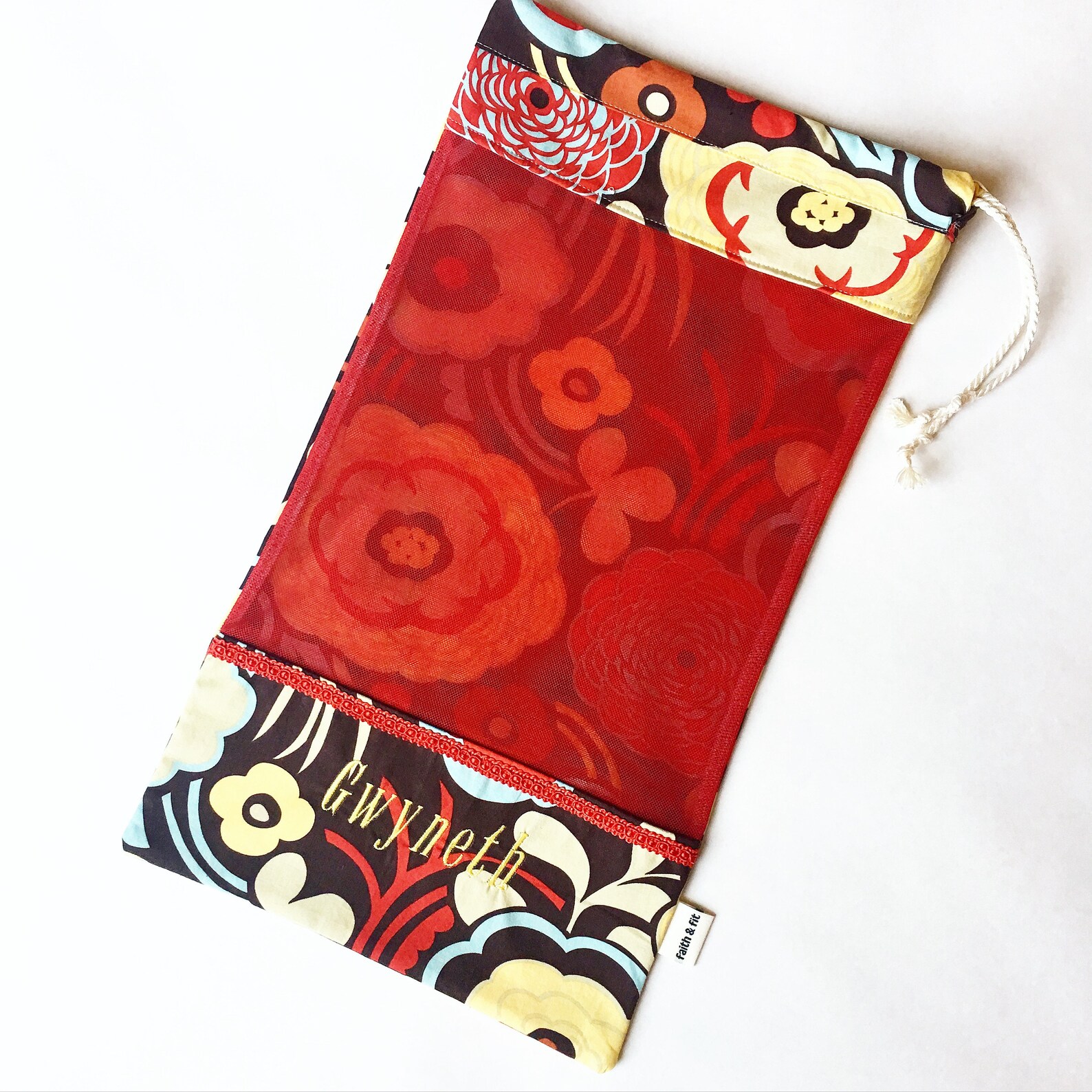 pointe shoe bag, ballet shoe bag, dance bag, red, floral, ballerina bag