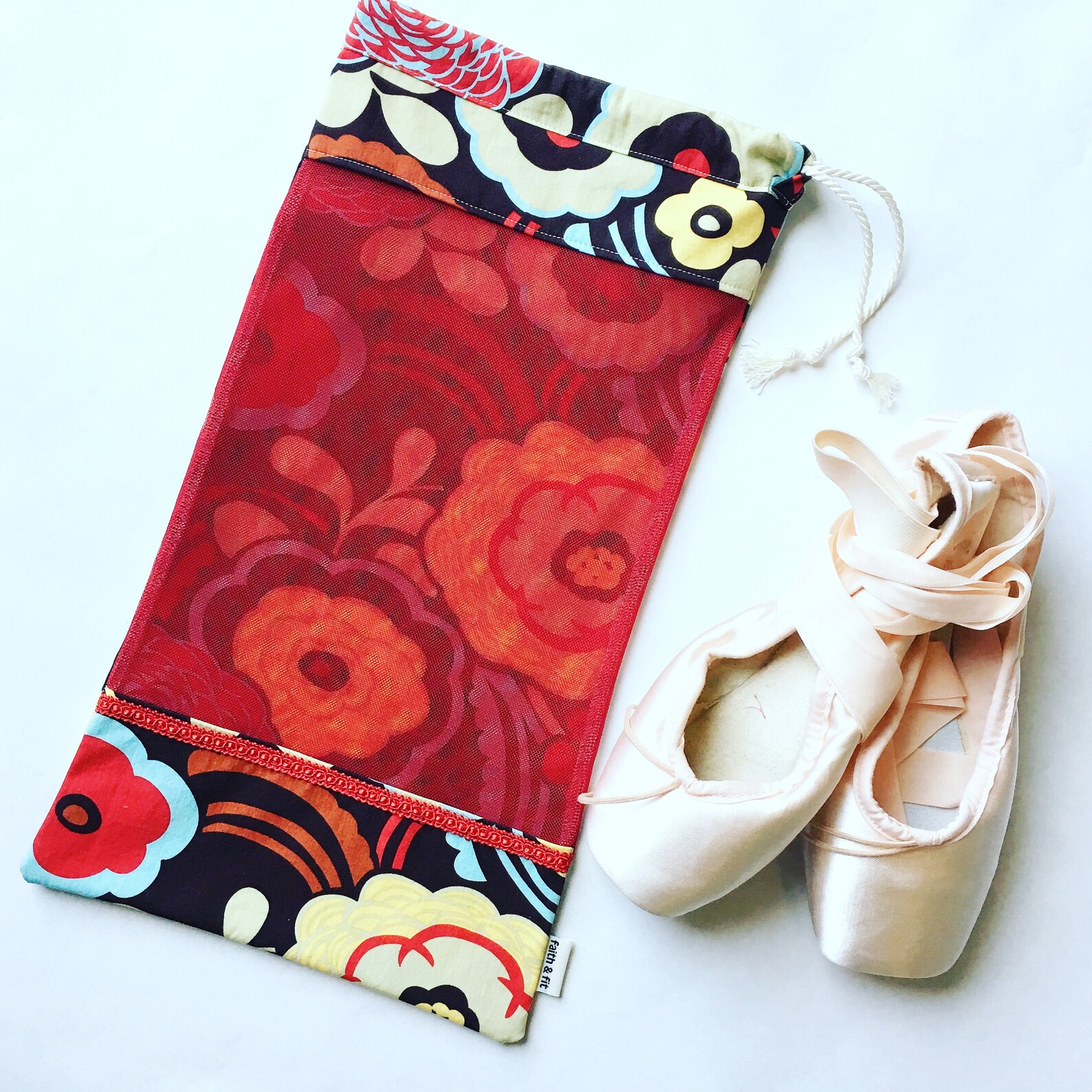 pointe shoe bag, ballet shoe bag, dance bag, red, floral, ballerina bag