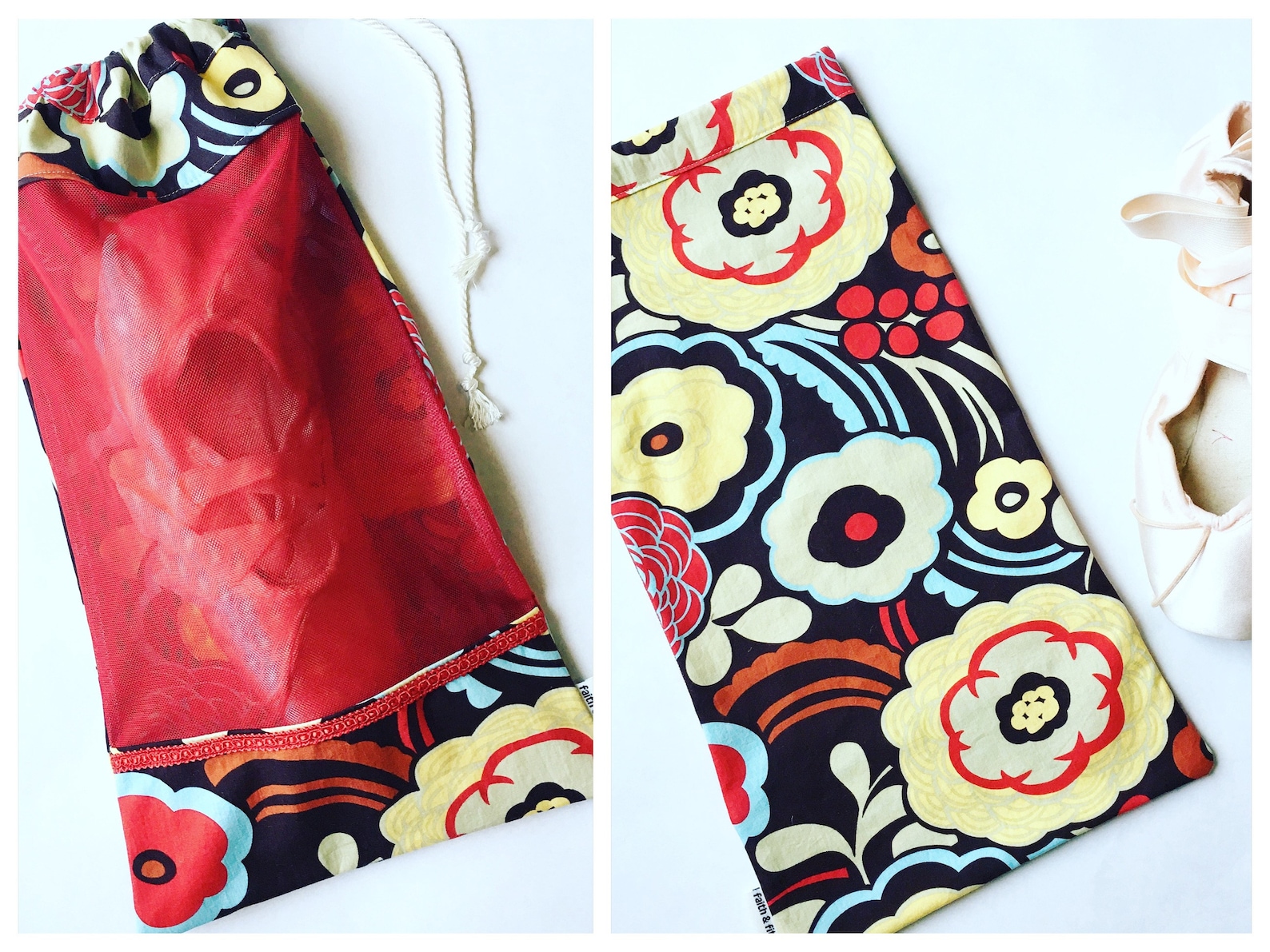 pointe shoe bag, ballet shoe bag, dance bag, red, floral, ballerina bag