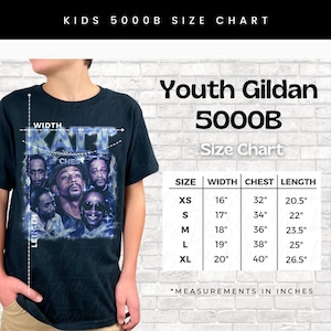 May include: Black youth Gildan 5000B t-shirt with a graphic of Katt Williams. The size chart shows measurements in inches for sizes XS to XL, including width, chest, and length. The shirt is displayed on a person.