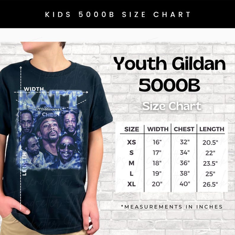 May include: Black youth Gildan 5000B t-shirt with a graphic of Katt Williams. The size chart shows measurements in inches for sizes XS to XL, including width, chest, and length. The shirt is displayed on a person.