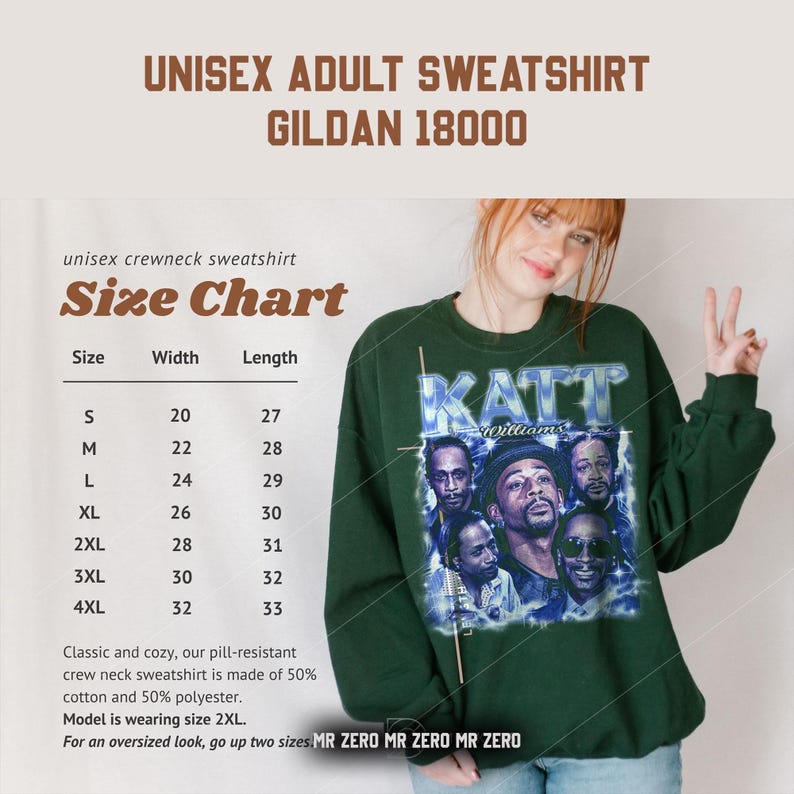 May include: A dark green unisex crewneck sweatshirt with the text "Katt Williams" and a graphic of Katt Williams and other people. The sweatshirt has a size chart and is made of 50% cotton and 50% polyester.