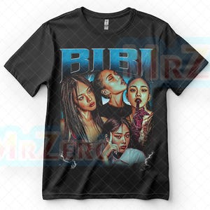 May include: Black crew neck t-shirt with a graphic featuring the word "BIBI" in blue and a portrait of four women. The women have different expressions. The shirt is made of a dark fabric.