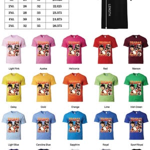 May include: A size chart and a variety of Gildan 5000 heavy adult t-shirts in various colors, including light pink, red, and black. The shirts feature a graphic with the text "ZEGRAS" and "TREVOR". Measurements are provided in inches.