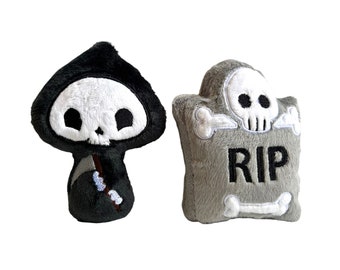 Grim Reaper Headstone Plush Toy Set | Funeral Director | Mortician | Spooky Season | Halloween Plush Toys | Gravestone | Goth Gift