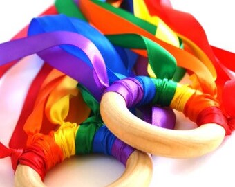 Rainbow Hand Kites | Birthday Party Favor | Montessori Waldorf Gift | Wedding Favor | Kids Birthday Gift | Ribbon Rings | Dancer Cheer Prop