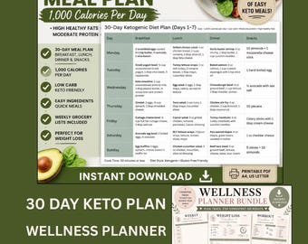 30-Day Keto Meal Plan, 1000 Calorie Diet, 7 Weight Loss Planner Bundle(PDF Download)