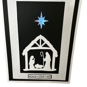 Carte de crèche de Noël faite main silhouette chic élégant luxe chrétien religieux 7 x 5 po.
