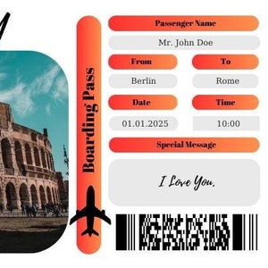 Modello di carta d'imbarco personalizzabile: sorpresa di viaggio, biglietto aereo stampabile fai da te per regali di fuga