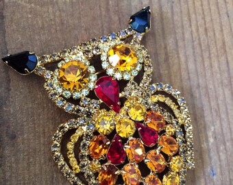 Vintage Czech Rhinestone Owl Brooch Pin Fall Colors
