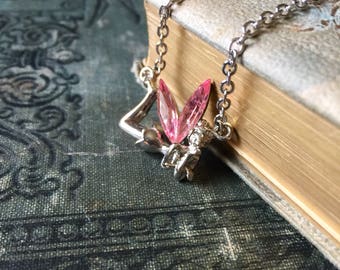 Tinkerbell Silver Pendant Necklace with Pink Crystal Wings Angel Wings Fairy