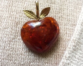 12 K gold filled Inclusions Vintage Amber Guild Baltic Amber Apple Fruit Brooch Pin. Teacher appreciation.