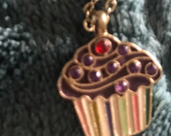 Chocolate frosting cupcake necklace gold tone cherry red and purple rhinestones enamel.