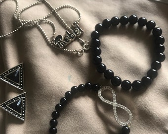 4 piece lot black and silver set 2 bracelets necklace and pierced earrings