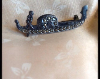 Antique Venetian Gondola Marcasite 835 Silver Brooch Pin