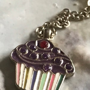 Chocolate frosting cupcake necklace gold tone cherry red and purple rhinestones enamel. image 2