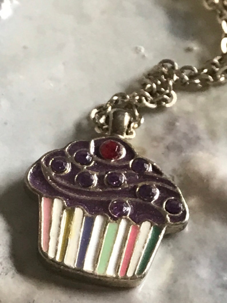 Chocolate frosting cupcake necklace gold tone cherry red and purple rhinestones enamel. image 2