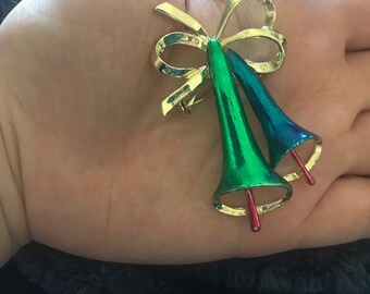 Two tone Christmas bell brooch alternative colors Christmas pin. Blue and green bells