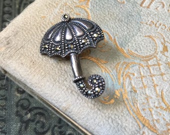 Understated Sterling silver Patina Small Umbrella with Marcasite Accents Brooch. You can weather the storm pin vintage antique. Friendship.