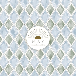 May include: Watercolor seamless pattern featuring a repeating diamond design in shades of blue and green. The pattern includes a white circle with the word "MAY" and the text "1 seamless pattern".