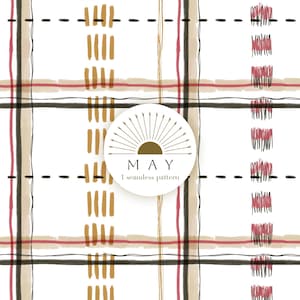 Puede incluir: Un diseño de patrón sin costuras con un fondo blanco, con una cuadrícula de líneas negras, beige y rojas. El diseño incluye líneas verticales y horizontales, guiones y formas abstractas en dorado y rojo. Un logotipo circular con "MAY" está en el centro.