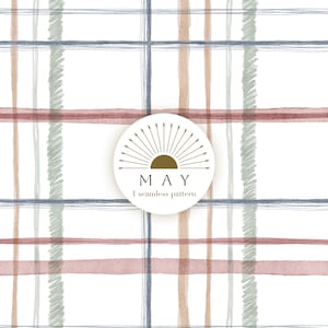 May include: Watercolor plaid pattern in shades of red, blue, tan, and green on a white background. The design features a grid of intersecting lines with a hand-painted aesthetic. A circular logo with the word "MAY" and "1 seamless pattern" is in the image.