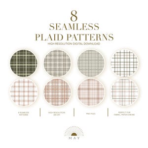 Könnte beinhalten: Eine digitale Sammlung von 8 nahtlosen Schottenmustern, dargestellt in kreisförmigen Mustern. Der Text lautet 8 SEAMLESS PLAID PATTERNS HIGH RESOLUTION DIGITAL DOWNLOAD, 8 SEAMLESS PATTERNS, HIGH RESOLUTION 300 DPI, PNG FILES, PERFECT FOR FABRIC, PAPER & MORE, MAY.