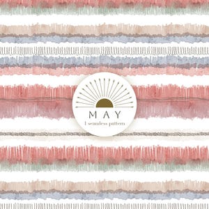 May include: Seamless pattern design featuring watercolor stripes in shades of red, blue, brown, and green. The design includes a circular emblem with the word "MAY" and the text "1 seamless pattern". The overall aesthetic is soft and artistic.