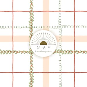 May include: A seamless pattern design with a white background, red grid lines, and peach stripes. Green vines with red berries and green swirls decorate the grid. A circular emblem reads "MAY" and "1 seamless pattern."