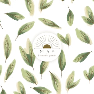 Może przedstawiać: Bezszwowy wzór z zielonymi liśćmi w stylu akwareli rozrzuconymi na białym tle. Obecny jest również okrągły emblemat ze słowem "MAY" i tekstem "1 seamless pattern".