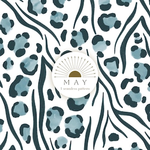 May include: A seamless pattern design with teal leopard spots and dark teal zebra stripes on a white backdrop. A circular logo with the word "MAY" and the text "1 seamless pattern" is in the lower right corner.