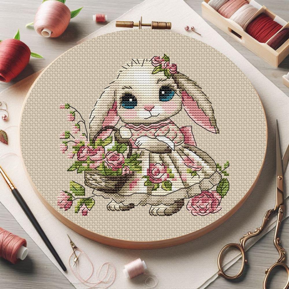 Bunny With Roses Cross Stitch Pattern: Floral Embroidery (digital ...