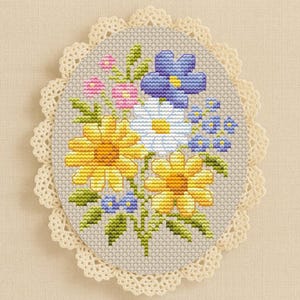 Oval Floral Cross Stitch flower Design. Cottagecore Flower Cross Stitch Sampler. Wildflowers and Daisies. Instant Download PDF. Handmade
