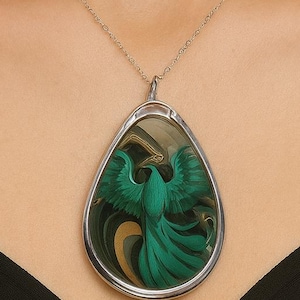 Phoenix Necklace – Green & Gold Bird Pendant Jewelry, Mythical Firebird Gift for Women, Statement Nature-Inspired Accessory
