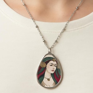 Bohemian Goddess Portrait Pendant Necklace – Vintage Style Teardrop Jewelry with Colorful Art, Unique Gift for Women & Art Lovers