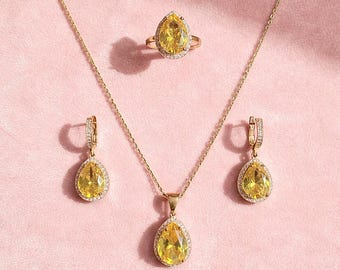 Pear Shape Citrine Sterling Silver Jewelry Set | Necklace Earrings Ring Handmade
