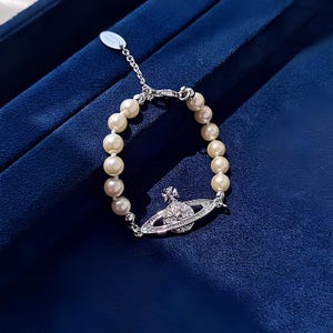 Nana Anime 925 Silver Pearl Planet Bracelet – Dainty Beaded Bracelet with Imported Pearls and Sparkling Saturn Charm, Elegant Gift for Women