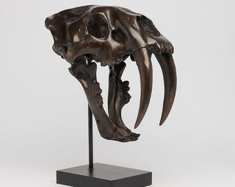 Large Brown Bronze Saber-Tooth Tiger Statue on Stand