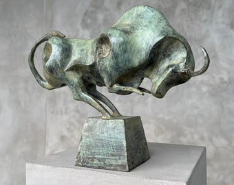 Cubist Bull Sculpture - Patinated Bronze on Base - Artistic Statement Piece
