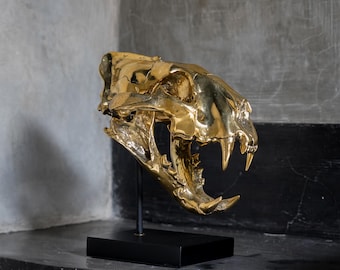 Polished Bronze Sumatran Tiger Skull on Stand - Golden Finish Wildlife Sculpture