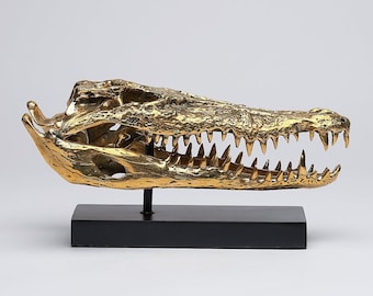 Bronze Crocodile Skull - Polished Saltwater Medium Sculpture (37cm) for Luxe Decor