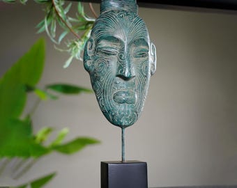 Maori Mask on Stand - Green Patinated Bronze Tribal Decor