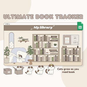 Puede incluir: Una ilustración digital de un rastreador de libros con una estantería llena de libros, un gato en una silla y una pantalla de ordenador que muestra una lista de libros. El texto "Mi biblioteca" se muestra en la pantalla del ordenador. El texto "Los gatos crecen a medida que lees libros" se muestra en la parte inferior de la imagen.