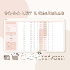 May include: A digital to-do list and calendar with a pink and white colour scheme. The calendar is divided into days and weeks. The to-do list has a progress bar that shows 55.3% complete. The image also includes a series of cartoon cats that grow in size as you complete your to-dos. The text "Cats will grow as you complete your to-dos" is at the bottom of the image.