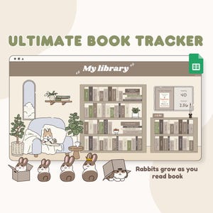 May include: A digital illustration of a book tracker with a bookshelf, a reading nook, and a progress bar. The illustration features a light brown background with a light blue couch, a bookshelf with many books, and a progress bar that shows 40 books read and 23% of the goal completed. The text "My library" is written in a brown box above the bookshelf. The text "Rabbits grow as you read book" is written in a brown box below the bookshelf. The illustration features several cartoon rabbits in different poses.
