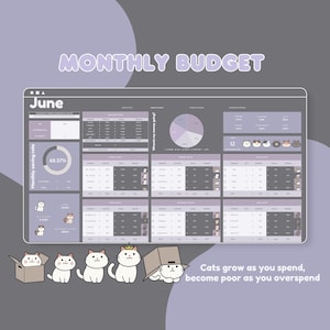 May include: A monthly budget planner with a purple and gray color scheme. The planner includes sections for income, expenses, and savings. The planner also features cute cat illustrations.
