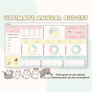 May include: A colorful digital budget planner with charts and graphs. The planner is designed with a cat theme and includes the text "Ultimate Annual Budget" and "Cats grow as you spend, become poor as you overspend".