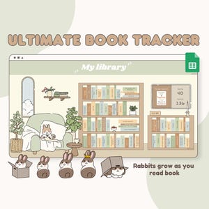 May include: A digital illustration of a book tracker with a bookshelf, a rabbit reading a book, and a screen displaying the text "Reading Goal: 40 Books", "Finished: 23", and "2.3%" with the title "Sapiens: A Brief History of Humankind". The text "Rabbits grow as you read book" is at the bottom of the image.